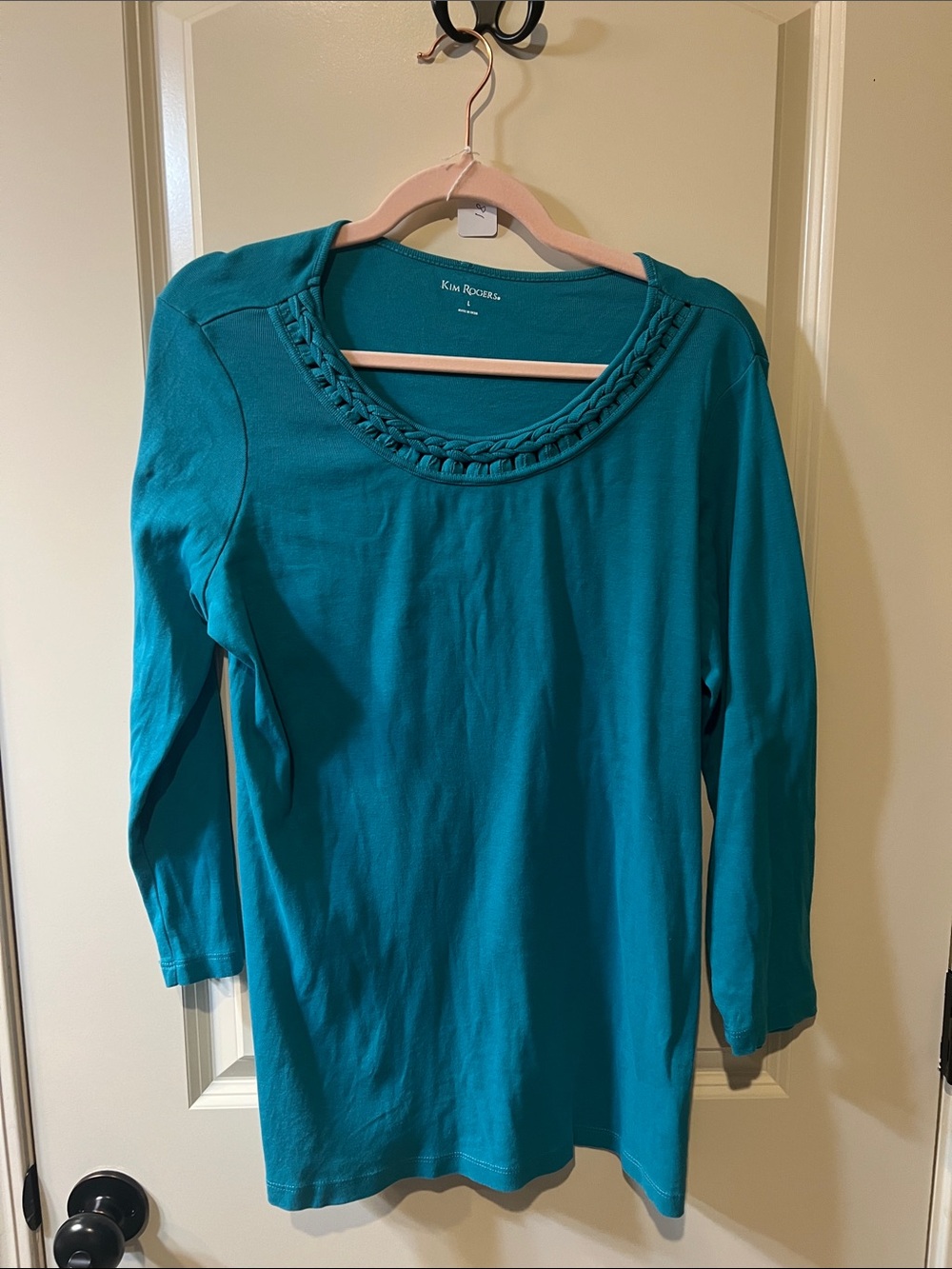 Kim Rogers Teal Braided Scoop-Neck Long Sleeve Tee